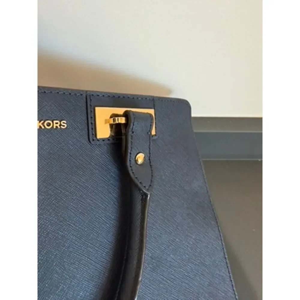 Michael Kors Quinn Satchel Navy Blue Saffiano Leather Top Handle Bag Medium